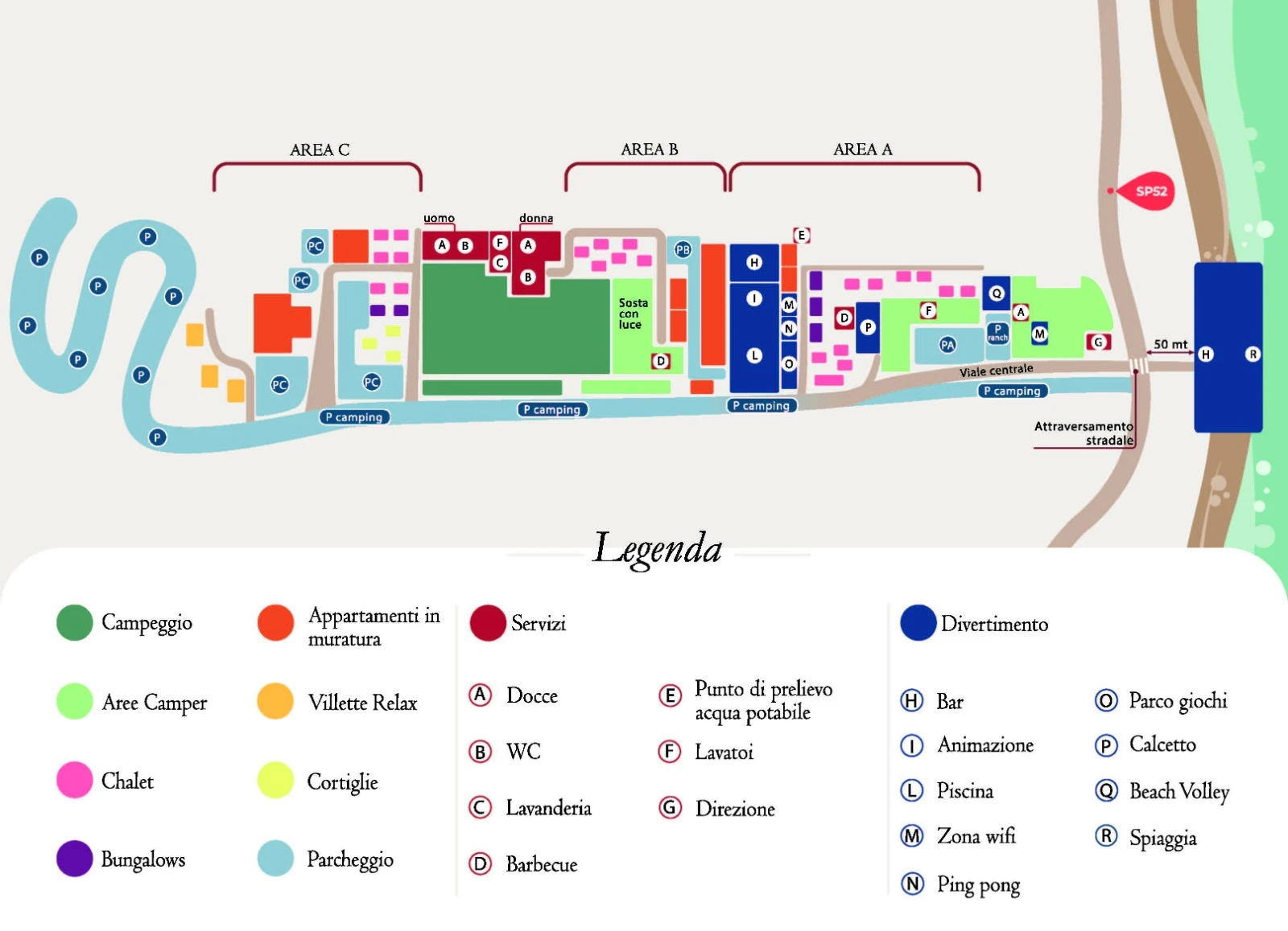 Mappa del campeggio Vieste Marina nel Gargano con disposizione di piazzole, alloggi e servizi