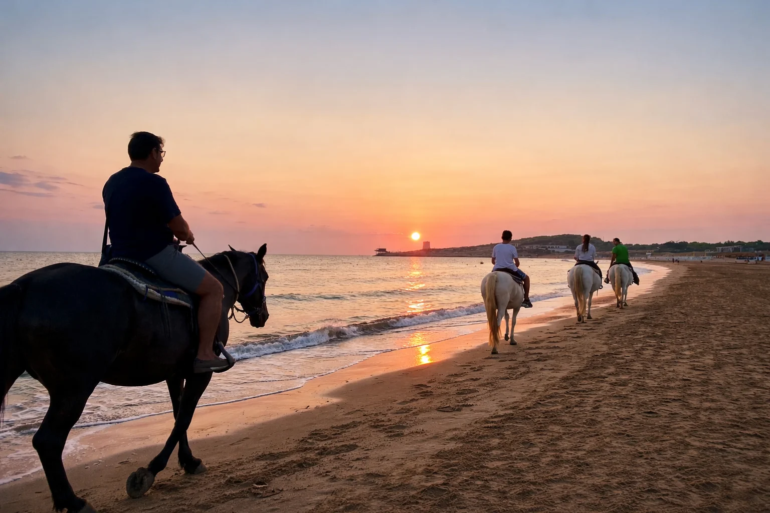 Passeggiata a cavallo sulla spiaggia al tramonto a Vieste sul Gargano con vista sul mare